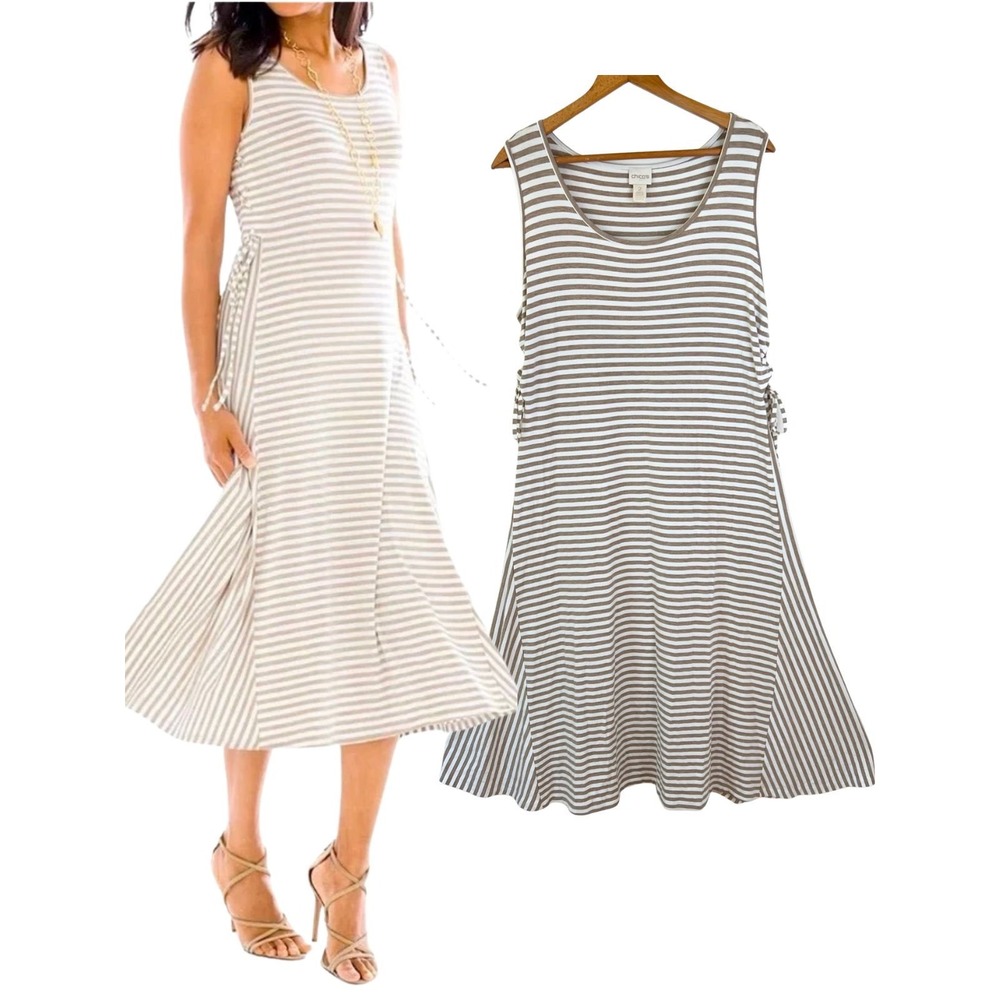 Chico's Side-Lacing Striped Tank Dress Sz 2 (= US 12) Midi Summer Coastal Beachy